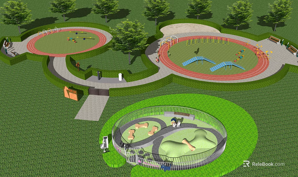 Scenic Park Landscape With Running Tracks Children's Play Area Trees And Seating Areas 3d model 
