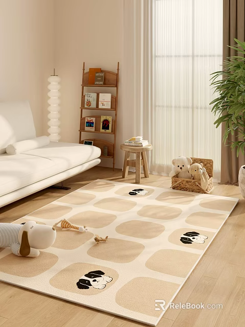 Cozy Kids Room Interior With Circular Pattern Carpet Stuffed Animals And Bookshelf 3d model 