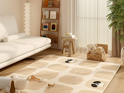 Cozy Kids Room Interior With Circular Pattern Carpet Stuffed Animals And Bookshelf 3d model