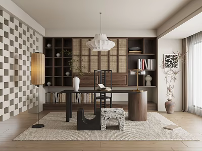 Stylish Study Room Interior With Checkerboard Wall Wooden Desk Built In Bookshelves And Woven Partition 3d model