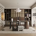 Stylish Study Room Interior With Checkerboard Wall Wooden Desk Built In Bookshelves And Woven Partition