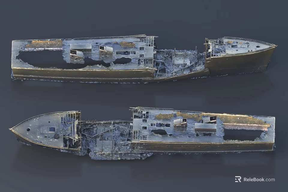Sunken Shipwreck Remains With Broken Hull Structure And Metal Frames 3d model