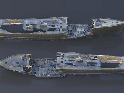 Sunken Shipwreck Remains With Broken Hull Structure And Metal Frames 3d model