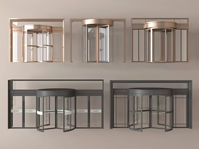 Modern Revolving Door Designs With Glass Panels And Metal Frames In Gold And Black 3d model