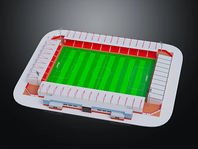 Football Stadium Design With Green Pitch Red and White Stands Roof and Seats 3d model