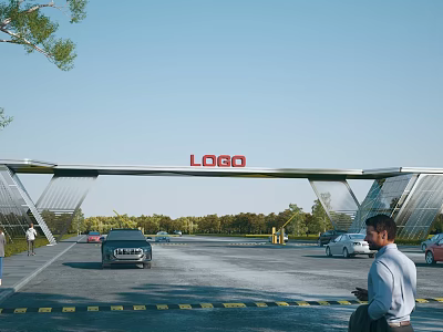 Modern Entrance Gate with LOGO Featuring Cars Entering Surrounded by Trees and Clear Sky 3d model