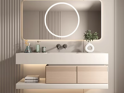 Modern Bathroom Vanity With Round Backlit Mirror White Countertop Potted Plant And Vertical Stripe Wall 3d model