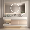 Modern Bathroom Vanity With Round Backlit Mirror White Countertop Potted Plant And Vertical Stripe Wall