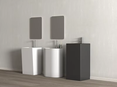 Minimalist Bathroom Washbasins Two White And One Black With Mirrors On Grey Wall 3d model