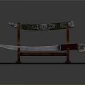Traditional Decorative Weapon with Long Silver Blade Red Handle Ornate Sheath on Wooden Display Stand
