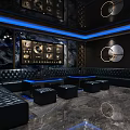 Modern KTV Interior Design With Black Leather Sofas Blue Lighting And Marble Flooring 3d model