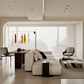 Modern Living and Dining Room Interior Design With Beige Sofa Coffee Table And Large Window