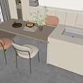 Modern Dining Table And Chairs With Brown Beige Seats Potted Plant And Kitchen Counter