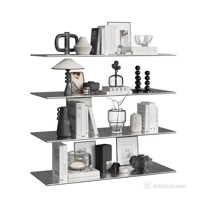 Decorative Ornament Collection on Modern Multi Tiered Shelf with Books Lamp Vase and Sculptures 3d model 