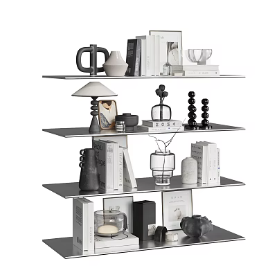 Decorative Ornament Collection on Modern Multi Tiered Shelf with Books Lamp Vase and Sculptures 3d model