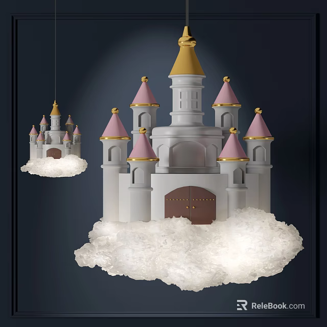 Castle Shaped Chandelier with Pink and Gold Towers and Cloud Base Decoration 3d model 