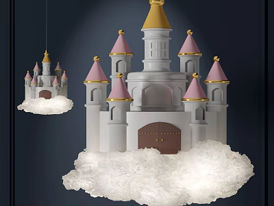 Castle Shaped Chandelier with Pink and Gold Towers and Cloud Base Decoration 3d model