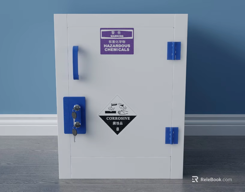 White Corrosive Safety Storage Cabinet With Blue Handles And Class 8 Label 3d model 