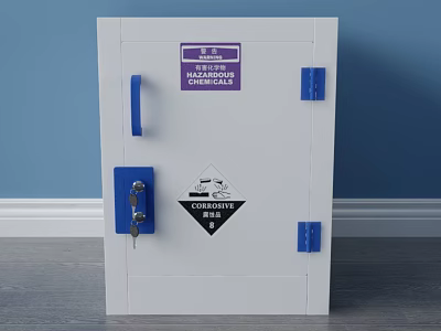 White Corrosive Safety Storage Cabinet With Blue Handles And Class 8 Label 3d model