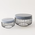 Modern Round Sofa Stools With Gray Cushioned Seats Black Metal Wireframe Two Different Sizes 3d model