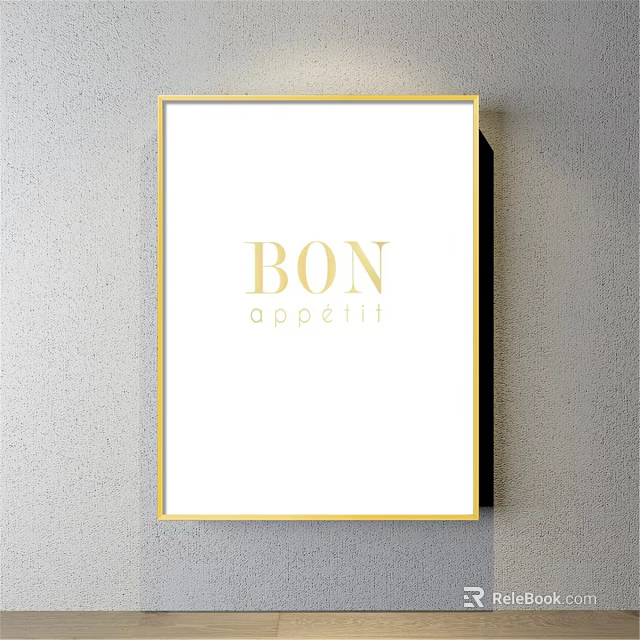 Elegant Framed Wall Art with Gold Border White Background and BON appetit Text 3d model 