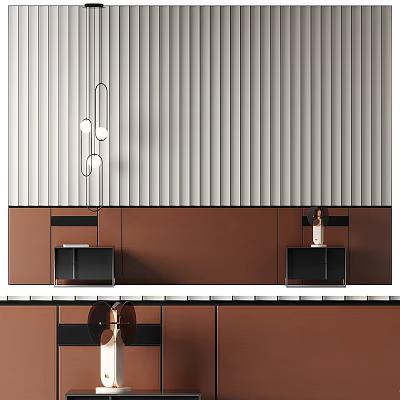 Minimalist Bedroom Accent Wall With Vertical Stripes And Brown Cabinets Hanging Lights 3d model