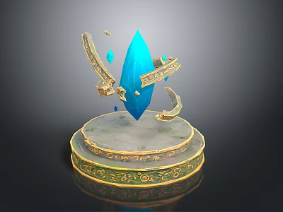 Floating Blue Crystal With Ornate Golden Arched Decorations On Decorative Base 3d model