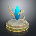 Floating Blue Crystal With Ornate Golden Arched Decorations On Decorative Base