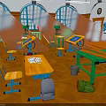 Vibrant Classroom Interior With Wooden Tables Yellow Chairs Green Lockers And Arched Windows