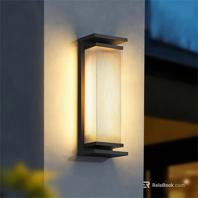 Modern Outdoor Wall Sconce with Black Frame and Ribbed Shade Emitting Soft Light 3d model 