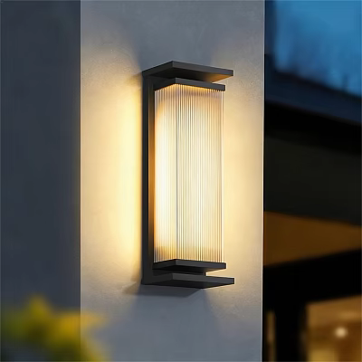 Modern Outdoor Wall Sconce with Black Frame and Ribbed Shade Emitting Soft Light 3d model