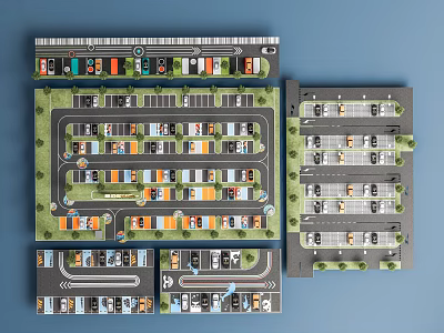 Organized Parking Lot Aerial View With Multiple Sections Parked Cars And Driveway Layout 3d model