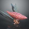 Red And White Checkered Airship Model With Green Translucent Wings And Metallic Propeller 3d model