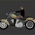 Cream Classic Motorcycle With Male Rider In Black Leather Jacket On Gray Background