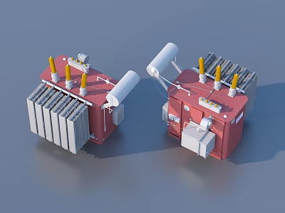 Industrial Equipment Red Transformer Units with Yellow Insulators and White Cooling Fins 3d model