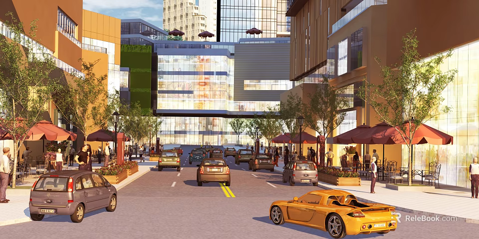 Bustling Commercial Street with Modern Buildings Cars Driving and Outdoor Umbrella Seating 3d model 