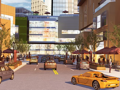 Bustling Commercial Street with Modern Buildings Cars Driving and Outdoor Umbrella Seating 3d model