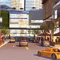 Bustling Commercial Street with Modern Buildings Cars Driving and Outdoor Umbrella Seating