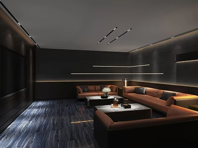 Modern Entertainment Room Interior Design With Brown Sofas Coffee Table And Modern Lighting 3d model