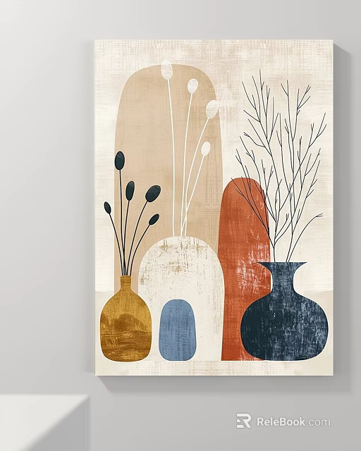 Botanical Painting With Yellow Blue Navy Vases Slender Plant Stems Abstract Background 3d model 