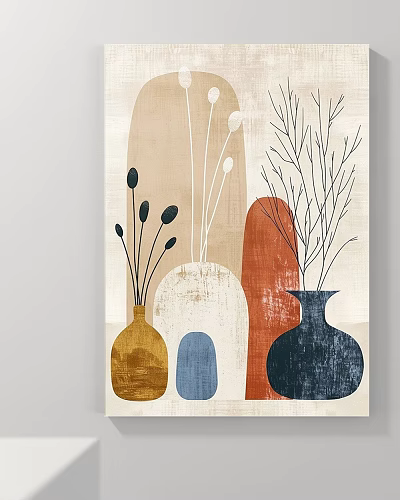 Botanical Painting With Yellow Blue Navy Vases Slender Plant Stems Abstract Background 3d model