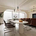 Elegant Modern Dining and Living Room Interior With White Table Pendant Lights And Plants