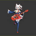 White Cat Ears Game Anime Character With Pink Hair In Blue Outfit Holding Red Guitar