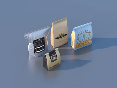 Various Coffee Bags With Branded Labels And Different Packaging Styles 3d model