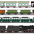 Different Colored Train Models With Steam Locomotives Passenger And Freight Cars