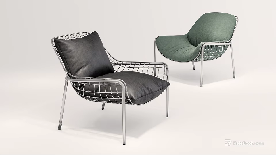 Modern Single Seater Sofa with Metal Wire Frame and Black Green Cushions 3d model 