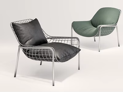 Modern Single Seater Sofa with Metal Wire Frame and Black Green Cushions 3d model