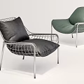 Modern Single Seater Sofa with Metal Wire Frame and Black Green Cushions