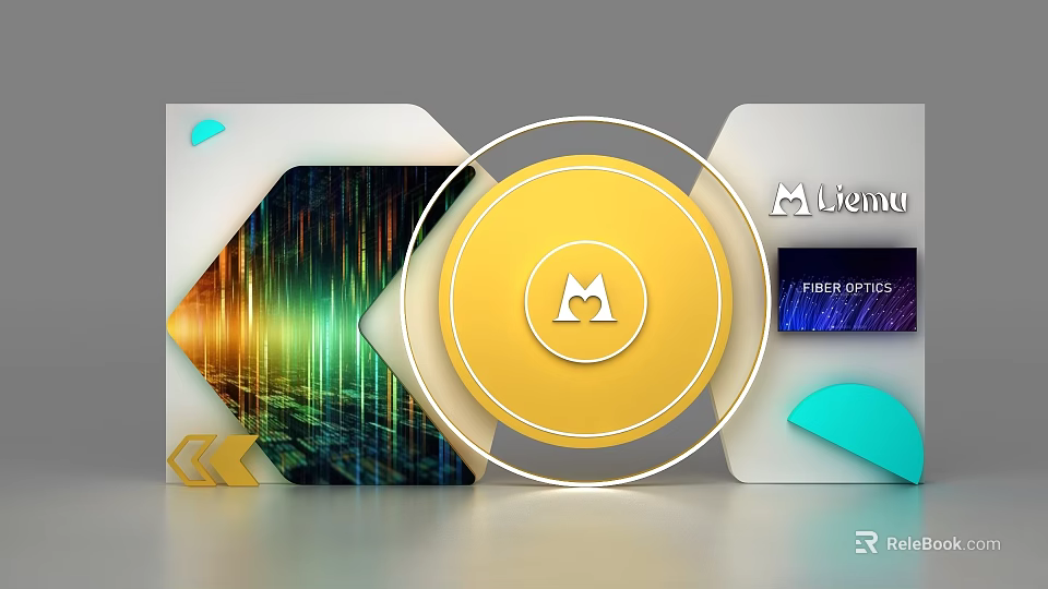 Modern Display Shelves With Illuminated Yellow Logo And Geometric White Panels 3d model 