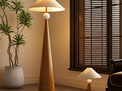 Wooden Floor Lamp With Light Shade White Ball Top Small Lamp Green Plant Window Blinds 3d model